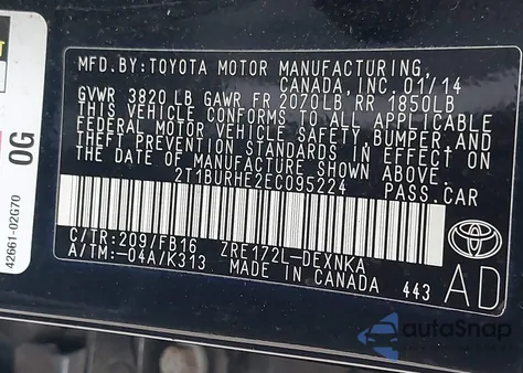 2014 Toyota Corolla Le from USA, damaged, VIN 2T1BURHE2EC095224